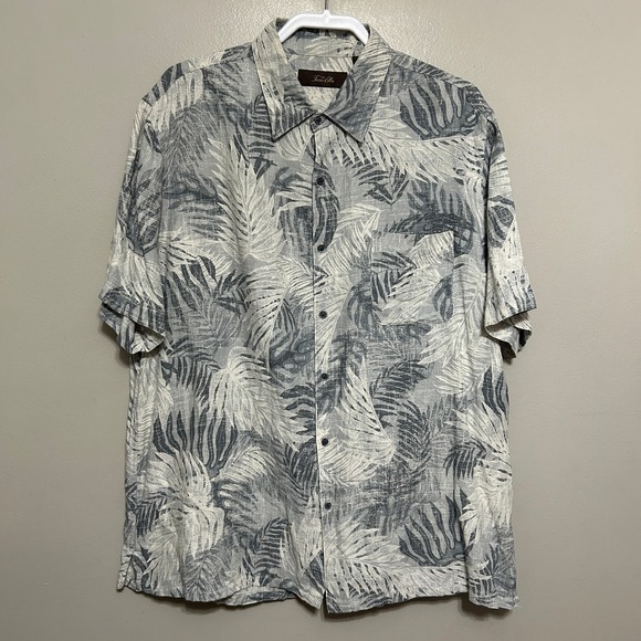 Tasso Elba Other - Tasso Elba Silk Linen Shirt Mens XL Grey Tropical Palm Leaf Short Sleeve Luxury
